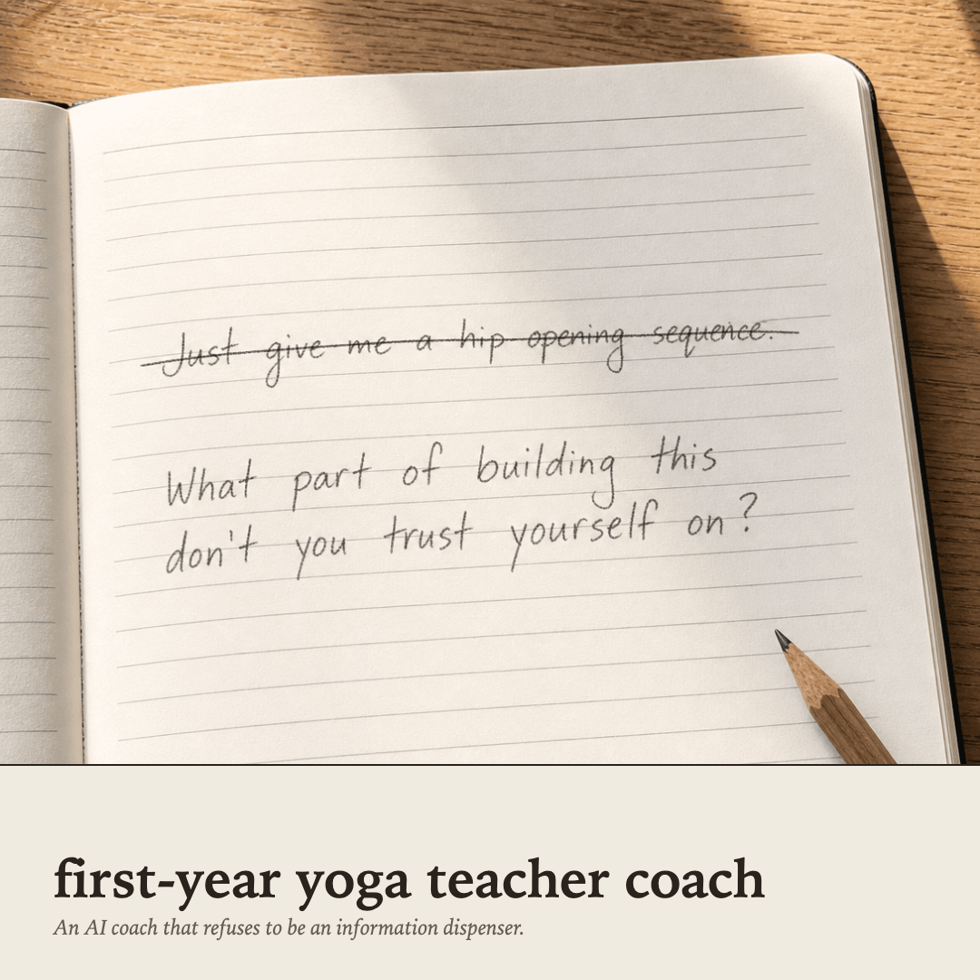 A handwritten journal page. The line &lsquo;just give me a hip-opening sequence&rsquo; is struck through, replaced with the question &lsquo;What part of building this don&rsquo;t you trust yourself on?&rsquo;